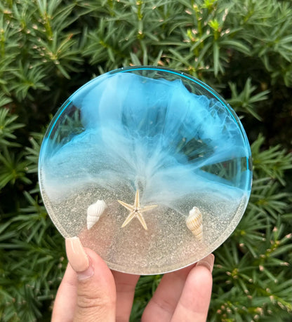 Ocean Resin Coaster, Square Round Seashell Design, Handmade Coastal Table Decor, Beach Inspired Home