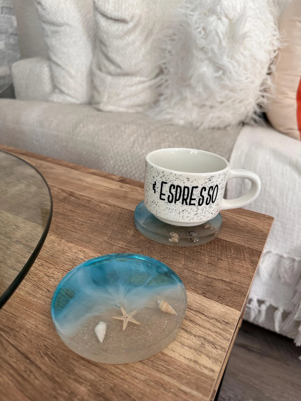 Ocean Resin Coaster, Square Round Seashell Design, Handmade Coastal Table Decor, Beach Inspired Home