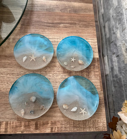Ocean Resin Coaster, Square Round Seashell Design, Handmade Coastal Table Decor, Beach Inspired Home