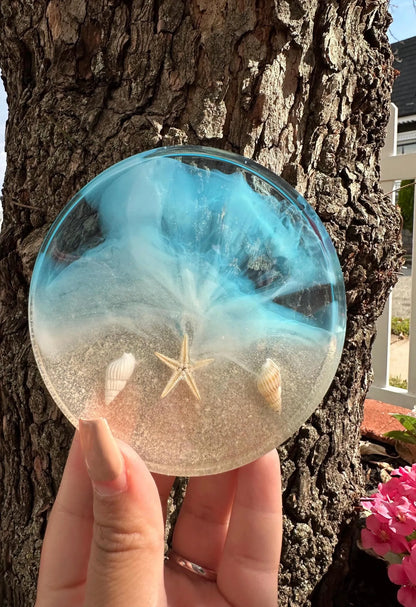 Ocean Resin Coaster, Square Round Seashell Design, Handmade Coastal Table Decor, Beach Inspired Home