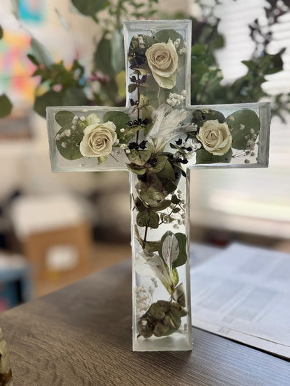 Large Dried Flower Resin Cross, Handmade Memorial Christian Wall Decor, Spiritual Keepsake Floral Home Accent