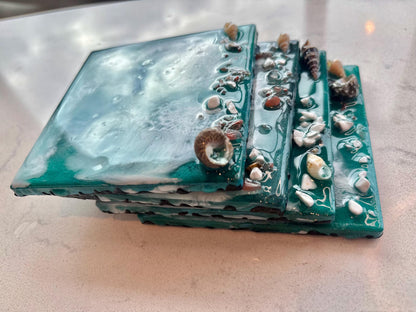 Teal Ocean Resin Coasters, Square Ceramic Beach Coasters, Shimmer Coastal Decor, Set of 4