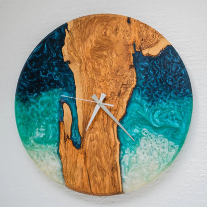 Handmade Epoxy Olive Wood Wall Clock, Custom Resin Art Clock, Rustic Modern Home Decor