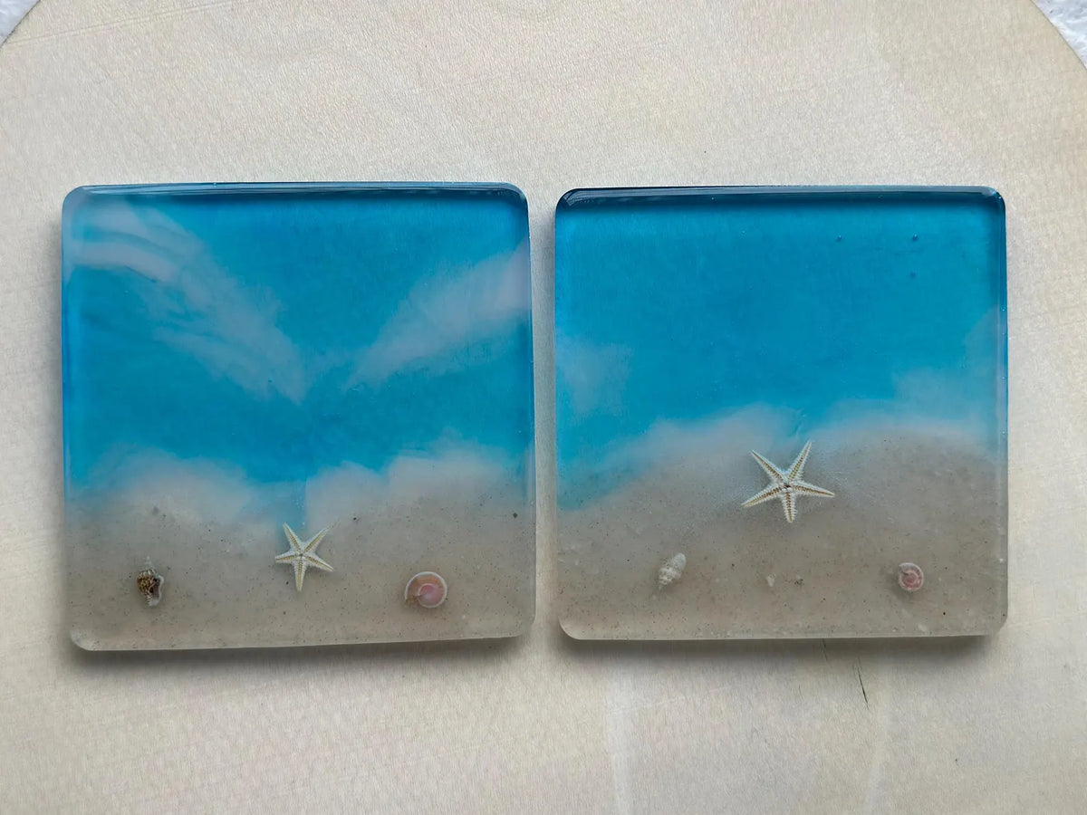 Ocean Resin Coaster, Square Round Seashell Design, Handmade Coastal Table Decor, Beach Inspired Home