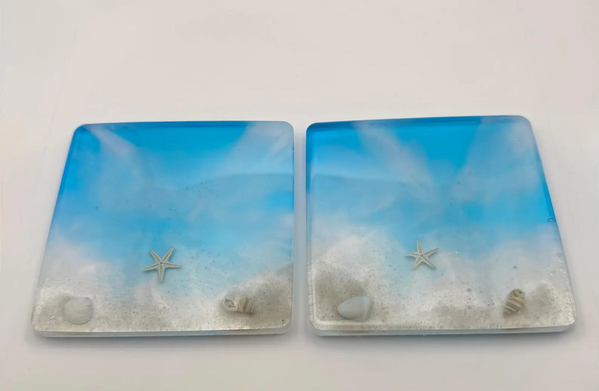 Ocean Resin Coaster, Square Round Seashell Design, Handmade Coastal Table Decor, Beach Inspired Home