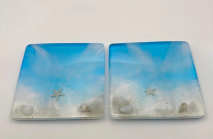 Ocean Resin Coaster, Square Round Seashell Design, Handmade Coastal Table Decor, Beach Inspired Home