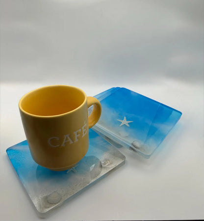 Ocean Resin Coaster, Square Round Seashell Design, Handmade Coastal Table Decor, Beach Inspired Home