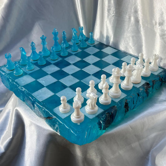 Handmade Luminous Resin Chess Set with Modern Crystal Pieces and Artistic Game Design