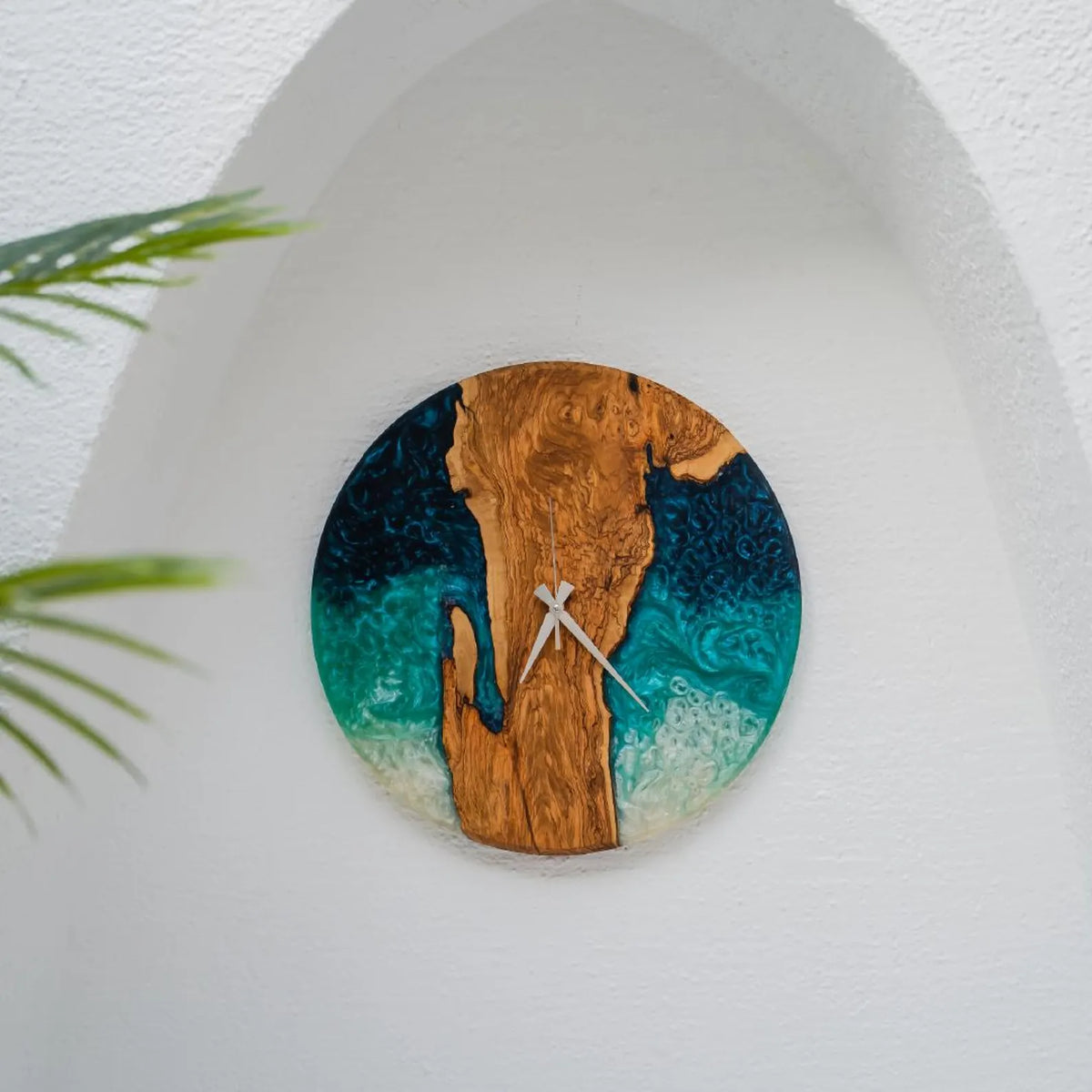 Handmade Epoxy Olive Wood Wall Clock, Custom Resin Art Clock, Rustic Modern Home Decor
