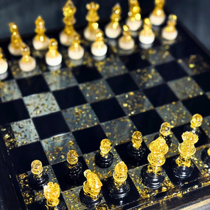 Luxury Handmade Epoxy Resin Chess Set with Gold Leaf Artistic Board and Collector Design