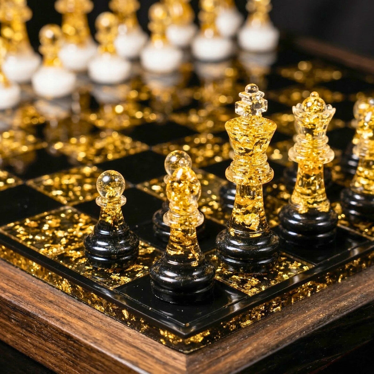Luxury Handmade Epoxy Resin Chess Set with Gold Leaf Artistic Board and Collector Design