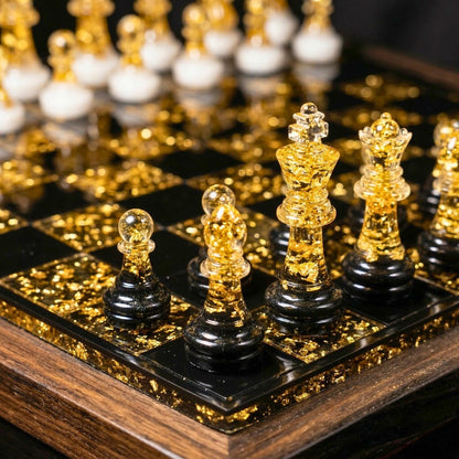 Luxury Handmade Epoxy Resin Chess Set with Gold Leaf Artistic Board and Collector Design