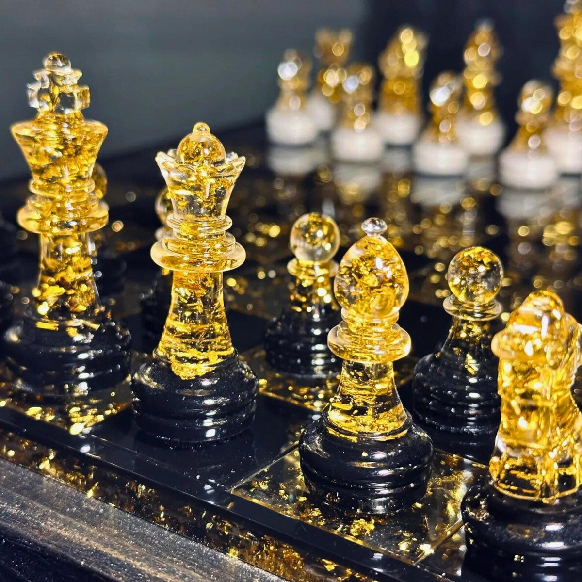 Luxury Handmade Epoxy Resin Chess Set with Gold Leaf Artistic Board and Collector Design