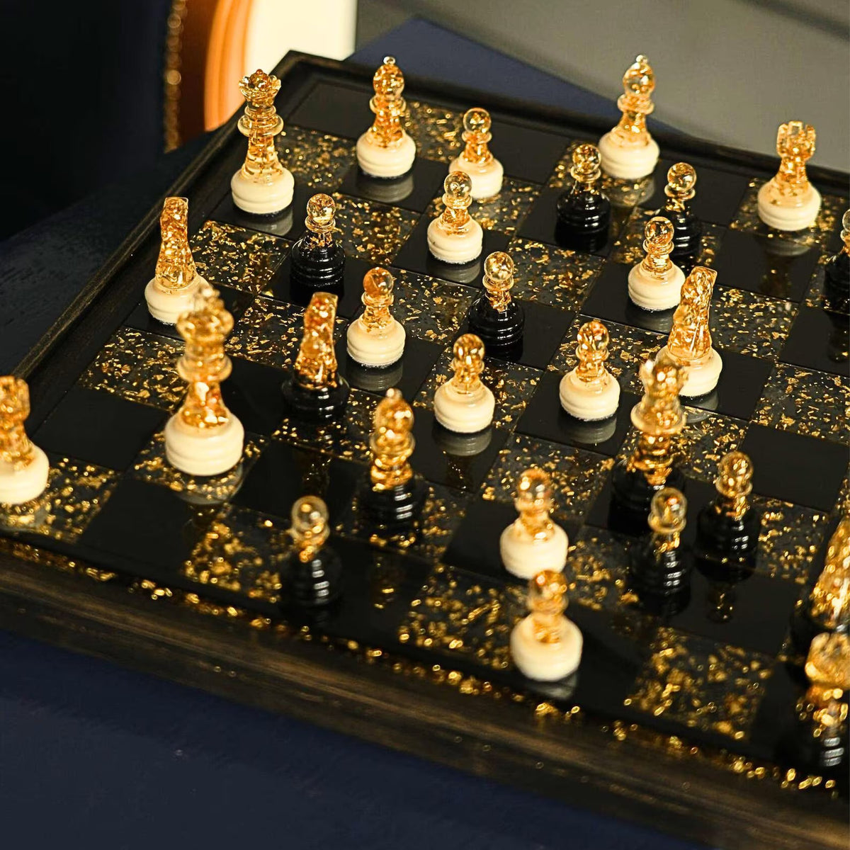 Luxury Handmade Epoxy Resin Chess Set with Gold Leaf Artistic Board and Collector Design