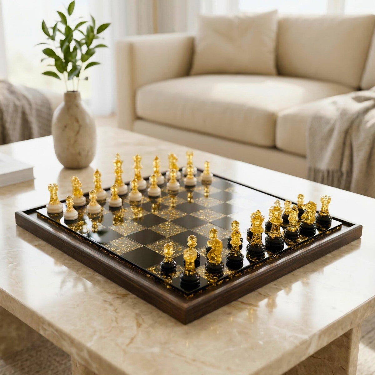 Luxury Handmade Epoxy Resin Chess Set with Gold Leaf Artistic Board and Collector Design