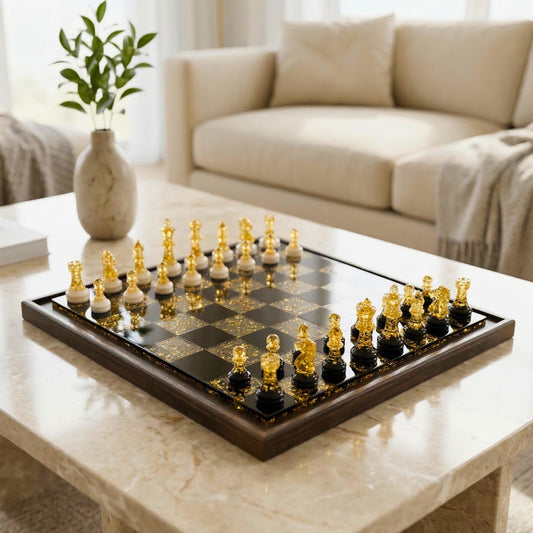 Luxury Handmade Epoxy Resin Chess Set with Gold Leaf Artistic Board and Collector Design