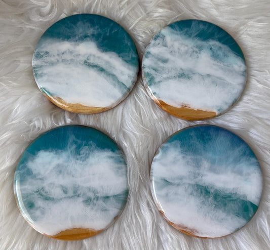 Ocean Resin Coasters, Handmade Coastal Wood Coasters, Blue Wave Decor, Rustic Beach Home Table Accessories