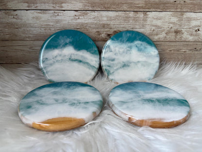 Ocean Resin Coasters, Handmade Coastal Wood Coasters, Blue Wave Decor, Rustic Beach Home Table Accessories