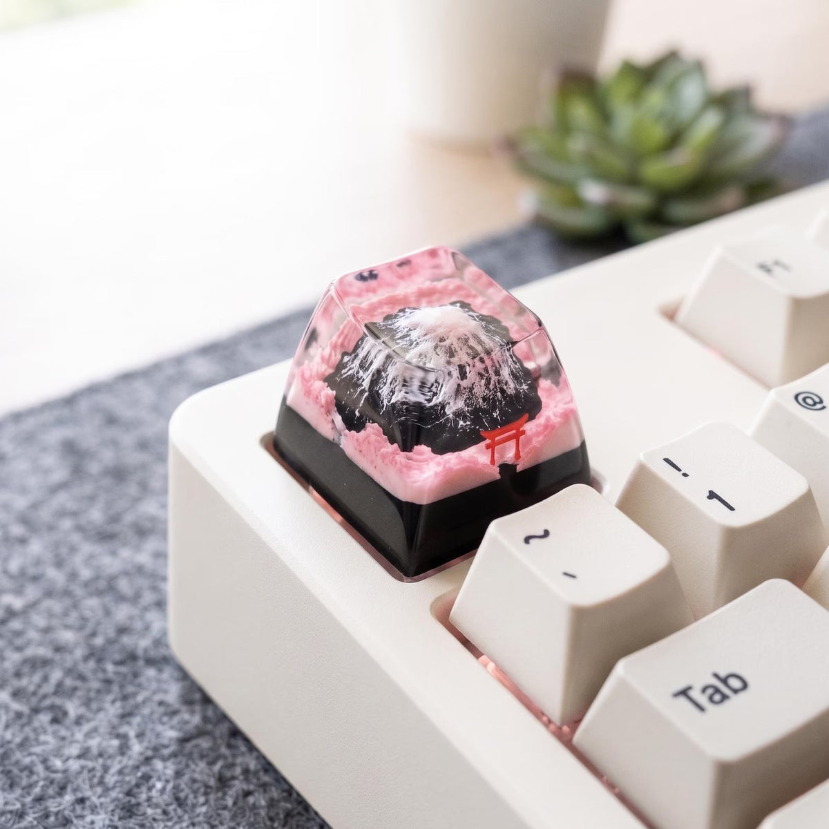 Mount Fuji Torii Gate Cherry Blossom Resin Artisan Keycap, Japanese Gaming Setup Handmade Keyboard Accessory
