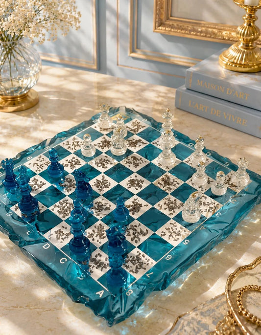 Handmade Blue Iceberg Resin Chess Set with Artistic Epoxy Board and Crystal Chess Pieces
