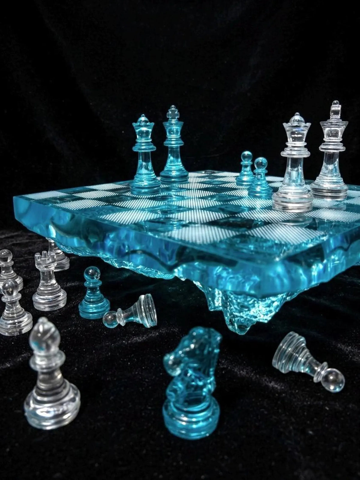 Iceberg Ocean Resin Chess Set – Handmade Frozen Wave Epoxy Chess Board Art Game Design