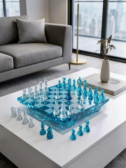 Iceberg Ocean Resin Chess Set – Handmade Frozen Wave Epoxy Chess Board Art Game Design