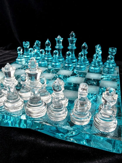 Iceberg Ocean Resin Chess Set – Handmade Frozen Wave Epoxy Chess Board Art Game Design