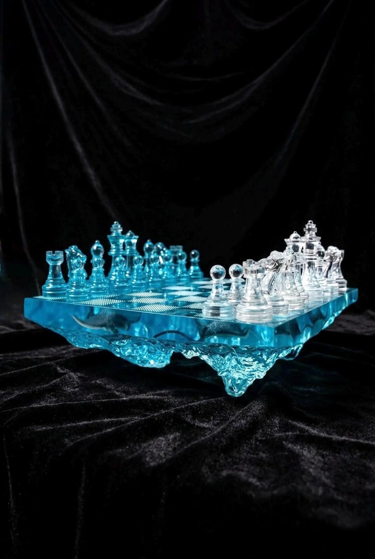 Iceberg Ocean Resin Chess Set – Handmade Frozen Wave Epoxy Chess Board Art Game Design
