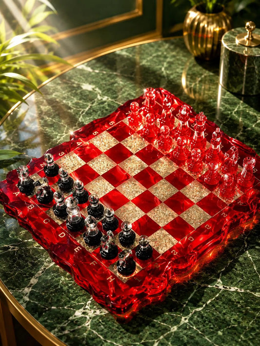 Handmade Red Iceberg Epoxy Resin Chess Set with Crystal Pieces Artistic Board Design