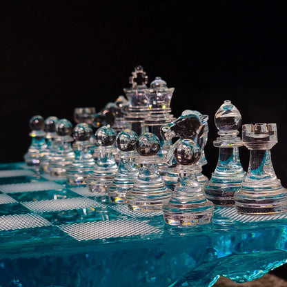 Iceberg Ocean Resin Chess Set – Handmade Frozen Wave Epoxy Chess Board Art Game Design
