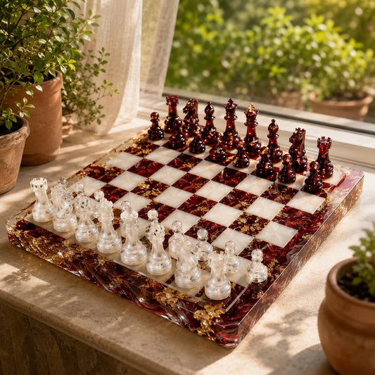 Handmade Burgundy Resin Chess Set with Gold Foil Ruby Red Epoxy Chess Board Design