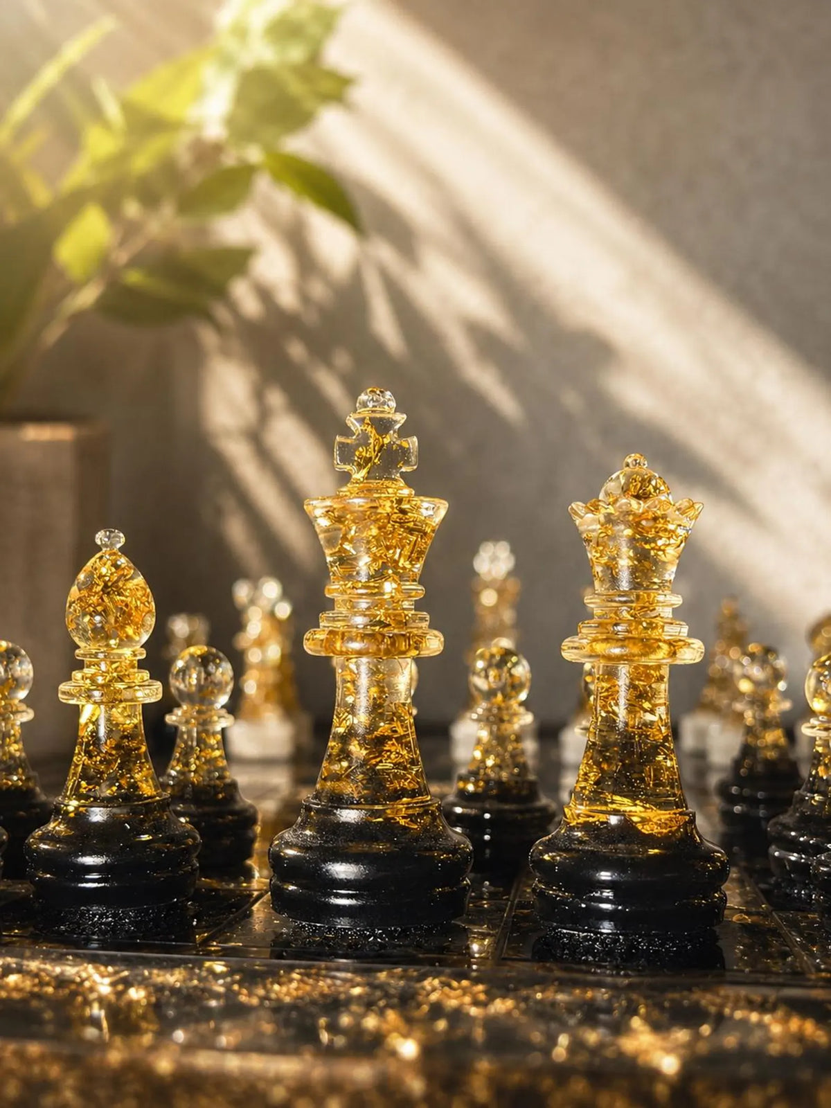 Handmade Epoxy Resin Chess Set with Real Gold Leaf and Elegant Natural Wood Frame Design