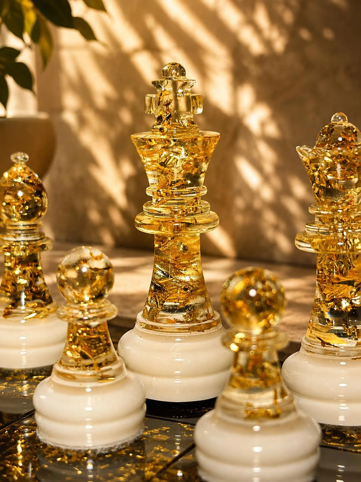 Handmade Epoxy Resin Chess Set with Real Gold Leaf and Elegant Natural Wood Frame Design