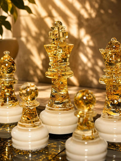 Handmade Epoxy Resin Chess Set with Real Gold Leaf and Elegant Natural Wood Frame Design