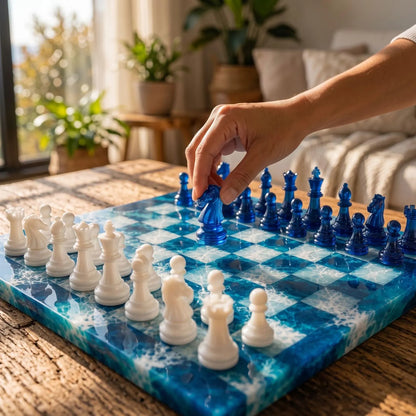 Luxury Blue Ocean Resin Chess Set Handmade Epoxy Wave Chess Board with Elegant Pieces Design