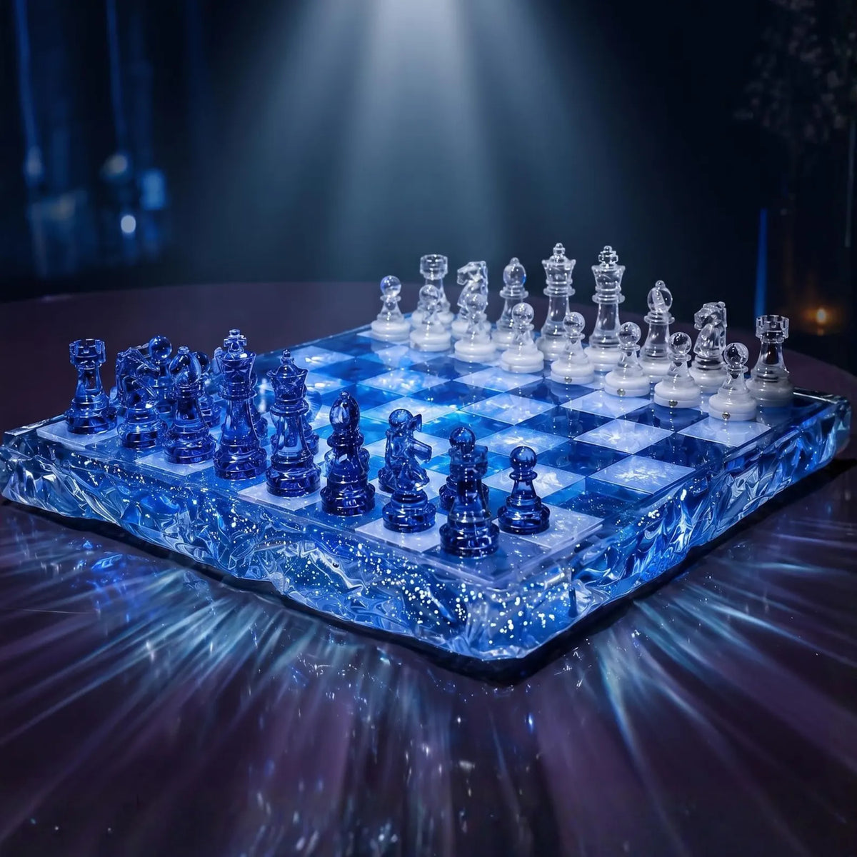 Handmade Ocean Blue Resin Chess Set – Transparent Epoxy Chess Board with Blue and White Pieces
