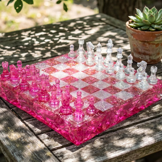 Pink Crystal Resin Chess Set Handmade Glitter Epoxy Chess Board Luxury Chess Game Decor Design