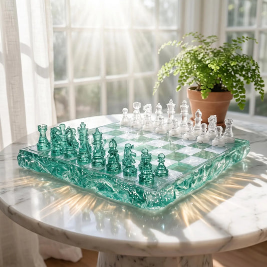 Luxury Emerald Green and Clear Resin Chess Set with Glitter Epoxy Board