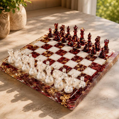 Handmade Burgundy Resin Chess Set with Gold Foil Ruby Red Epoxy Chess Board Design