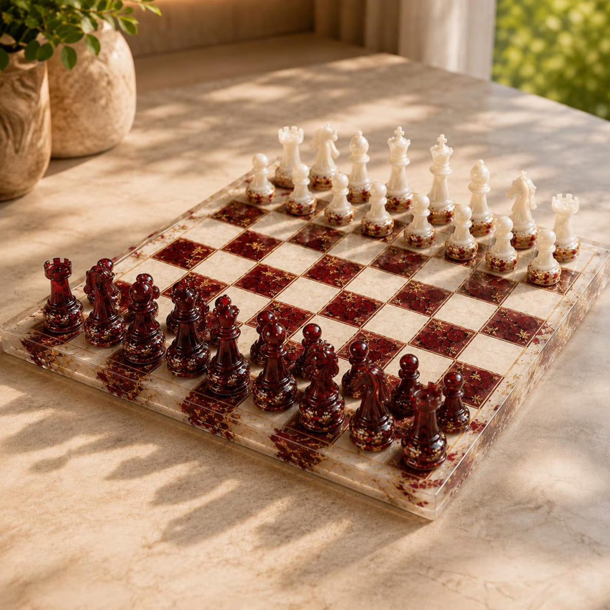 Personalized Burgundy Epoxy Resin Chess Set with Gold Foil Wooden Board and Handmade Pieces
