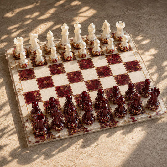Personalized Burgundy Epoxy Resin Chess Set with Gold Foil Wooden Board and Handmade Pieces