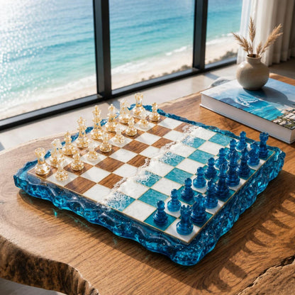 Luxury Ocean Resin Chess Set with Handcrafted Wood and Epoxy Coastal Game Board Design