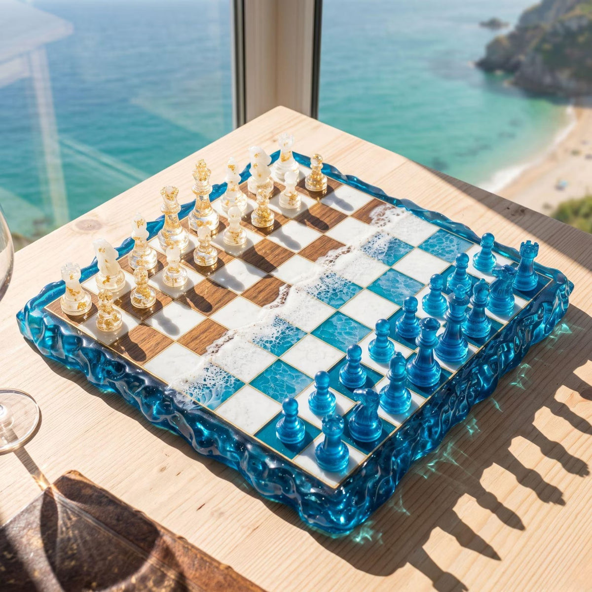 Luxury Ocean Resin Chess Set with Handcrafted Wood and Epoxy Coastal Game Board Design