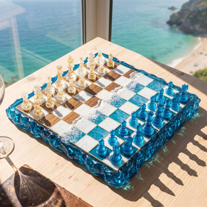Luxury Ocean Resin Chess Set with Handcrafted Wood and Epoxy Coastal Game Board Design