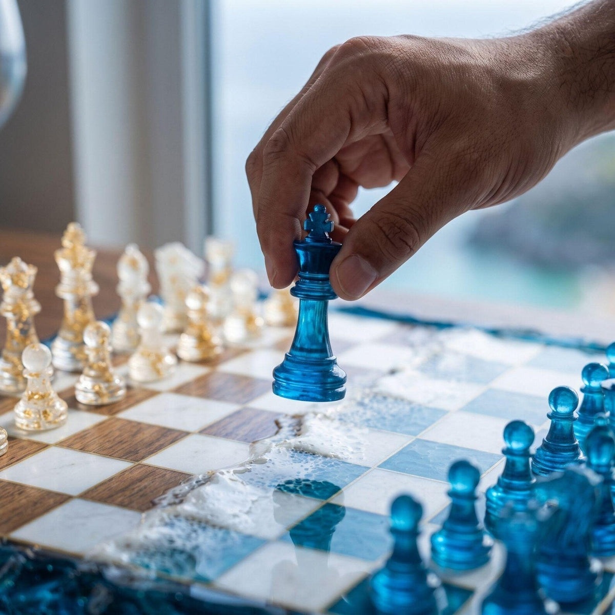 Luxury Ocean Resin Chess Set with Handcrafted Wood and Epoxy Coastal Game Board Design