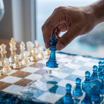 Luxury Ocean Resin Chess Set with Handcrafted Wood and Epoxy Coastal Game Board Design