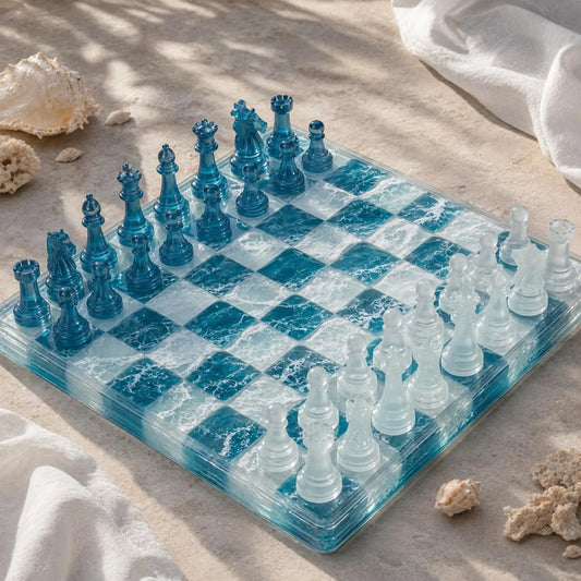 Luxury Teal Blue Resin Chess Set with Handmade Marble Effect Epoxy Tabletop Chess Board