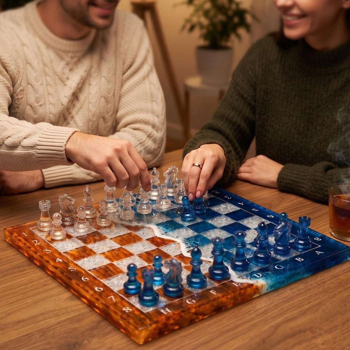 Handmade Ocean Resin Chess Set Blue Epoxy Wood Chess Board Coastal Inspired Luxury Game