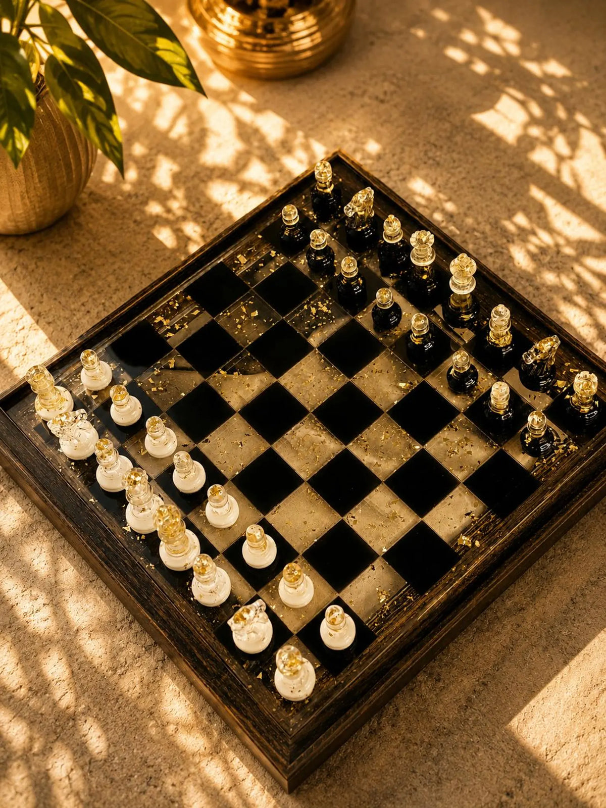 Handmade Epoxy Resin Chess Set with Real Gold Leaf and Elegant Natural Wood Frame Design