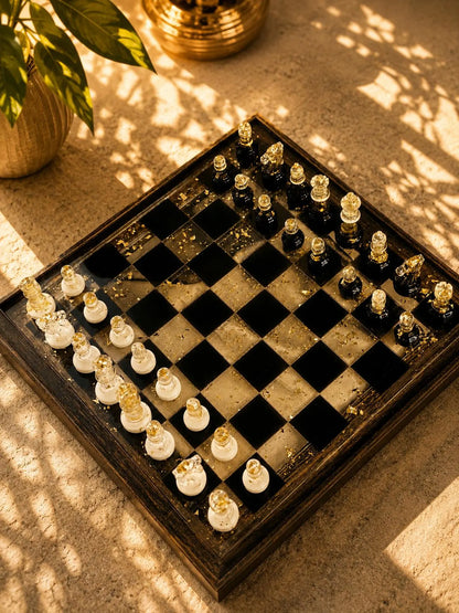 Handmade Epoxy Resin Chess Set with Real Gold Leaf and Elegant Natural Wood Frame Design